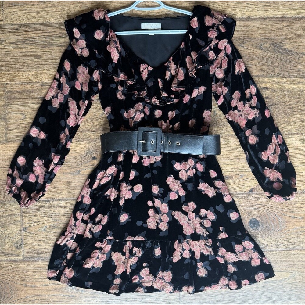 Michael Michael Kors Velvet Devoré Floral Silk Blend Dress S Winter Rose Belted